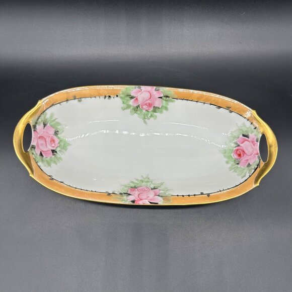 Antique Celery Dish Serving Bowl Bavarian Hand Painted Pink Roses Gold Floral - Picture 2 of 10